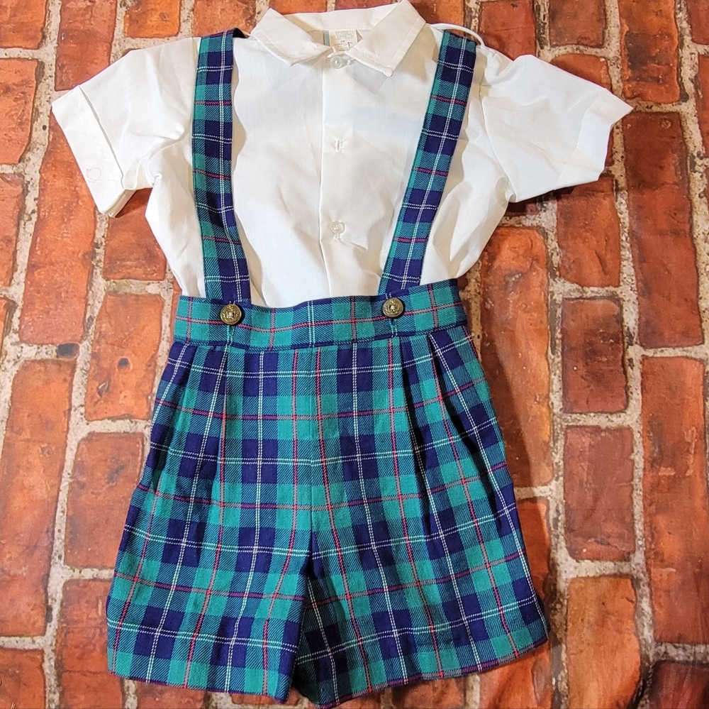 Vintage-Style Toddler Boys Plaid Suspender Shorts & Shirt Set Sz 3 Easter Pics